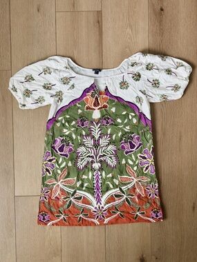 Zane Cream Floral Top with Green Leaves & Purple Accents